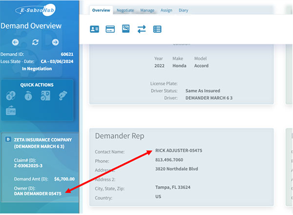 Screenshot of Demand Overview showing contact name